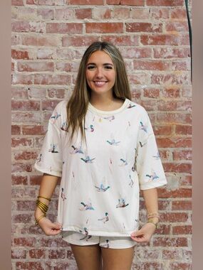 LDC Beige Shift High Waist Mallard Duck Print Short Sleeve Set